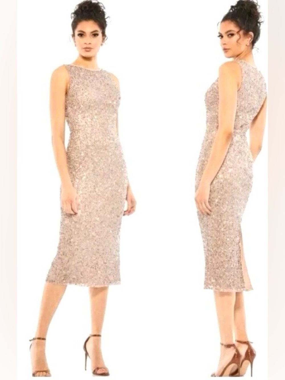 Mac Duggal Rosewood Rose Gold Sequin Jewel Neck Tea Length Dress Size 10 NWT⭐️